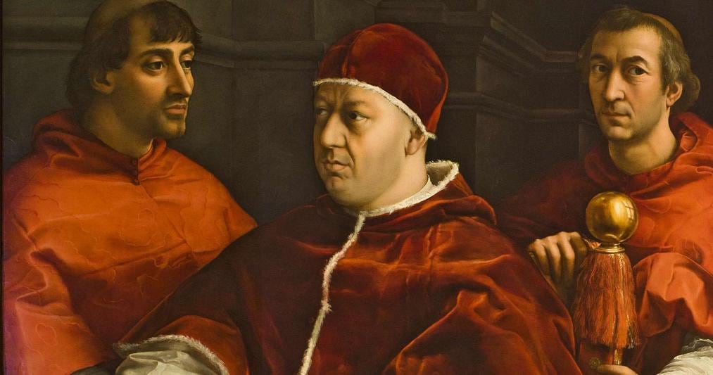 Leone X con i cardinali Giulio de' Medici e Luigi de' Rossi, di Raffaello (1518)