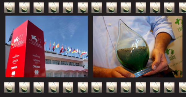 Un'immagine del Lido di Venezia e della goccia di vetro di Murano del Green Drop Award