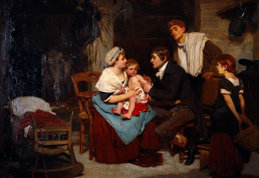Edward Jenner vaccina un bambino, opera di E.E. Hillemacher, 1884