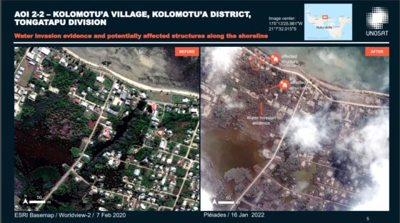 Il villaggio di Kolomotu’, nel distretto omonimo. Si notano l’invasione delle acque e i danni alle infrastrutture (Fonte: Unosat