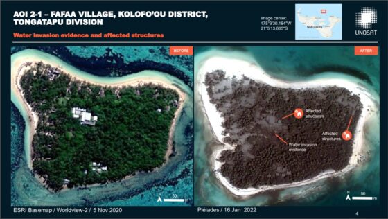 Il villaggio di Fafaa, nel distretto di Kolofo'ou, sommerso dallo tsunami (Fonte: Unosat)