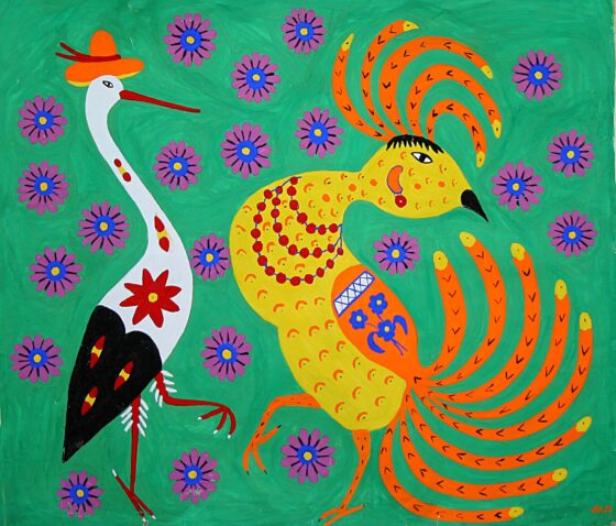 Un dipinto di Prymachenko: un'oca e un pavone su sfondo verde