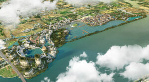 Riproduzione grafica di "Italy-City", una città sull'acqua ispirata alla vicina Xitang ma che integra anche elementi caratteristici delle città italiane.